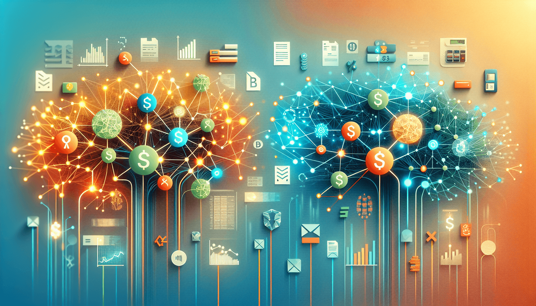 Abstract illustration of AI transforming accounting and finance operations with glowing neural network nodes connecting to financial charts, invoices, and spreadsheets in vibrant teal, gold, coral, and blue colors
