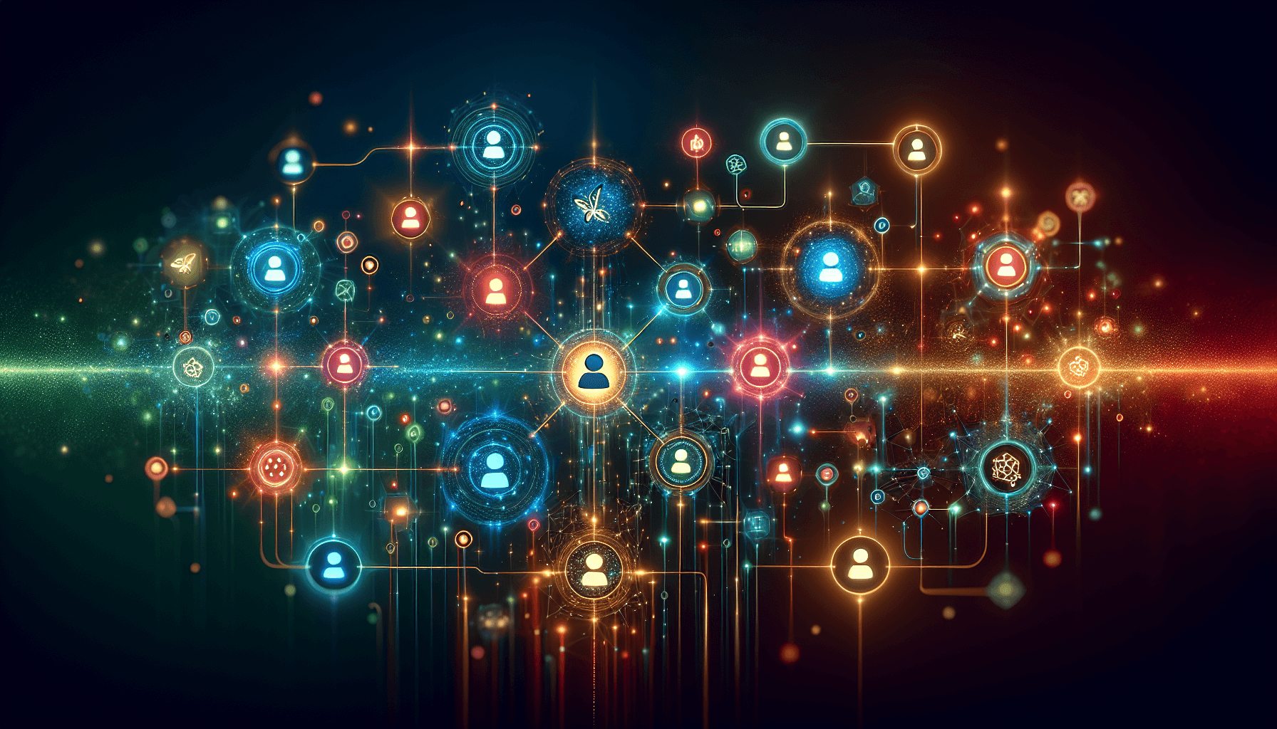 AI agent orchestration concept — interconnected glowing nodes representing specialized AI agents coordinating across business workflows in vibrant teal, blue, coral, and gold colors