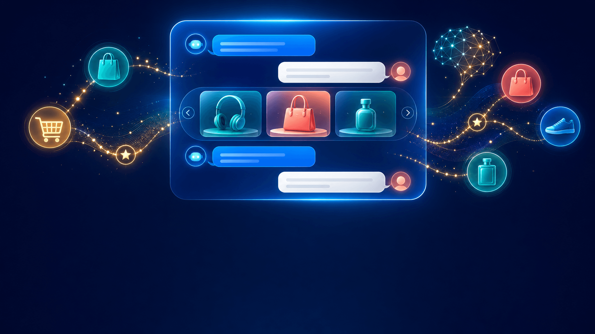 AI chatbot advertising concept — glowing chat interface with product recommendation cards and brand icons connected by golden data trails in vibrant teal, blue, coral, and gold colors