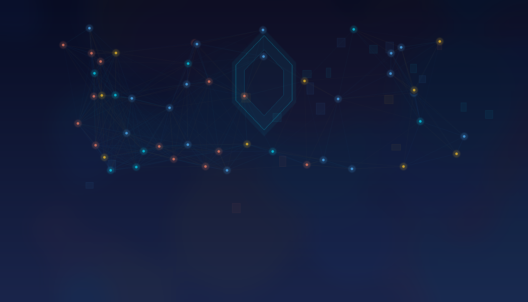 AI copyright ownership concept — glowing neural network with translucent shield and streams of creative content including code documents and designs in teal blue coral and gold colors