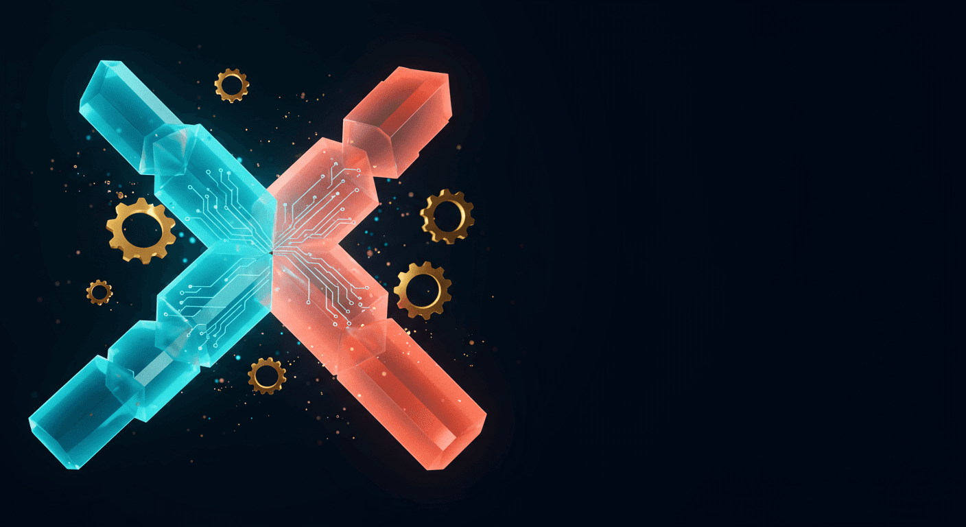 AI cost optimization concept — glowing translucent geometric shapes representing cost efficiency with descending and ascending crystal blocks forming a dynamic X pattern with teal, blue, coral, and gold colors