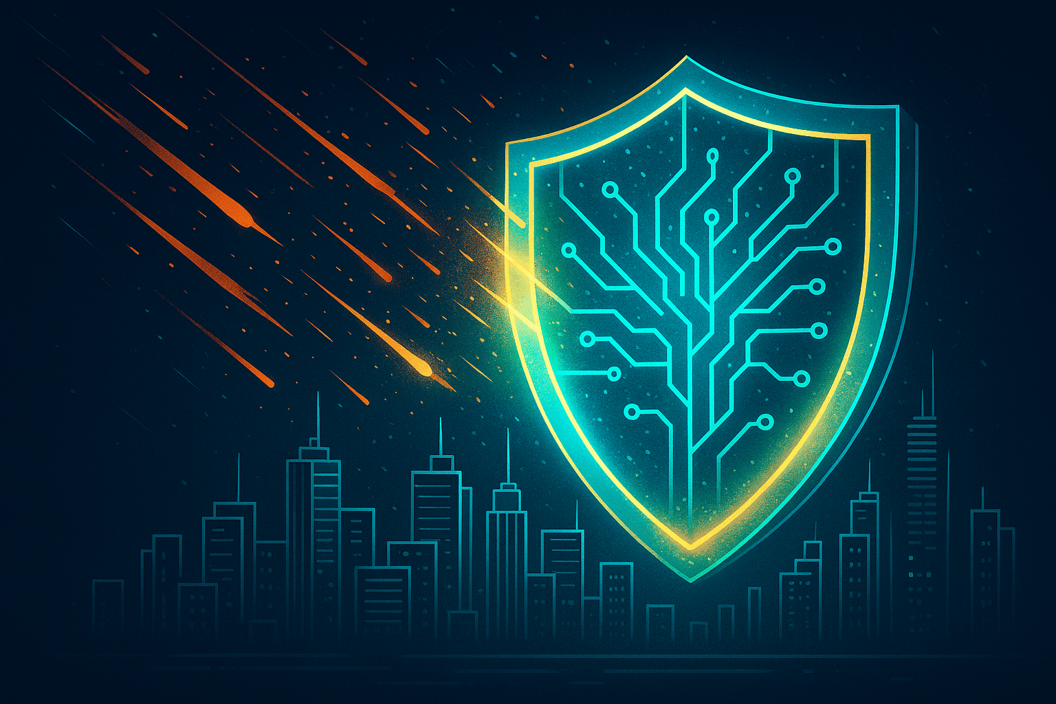 AI cybersecurity defense illustration showing a glowing digital shield with neural network patterns protecting a city skyline from cyber attacks in vibrant teal, blue, and coral colors