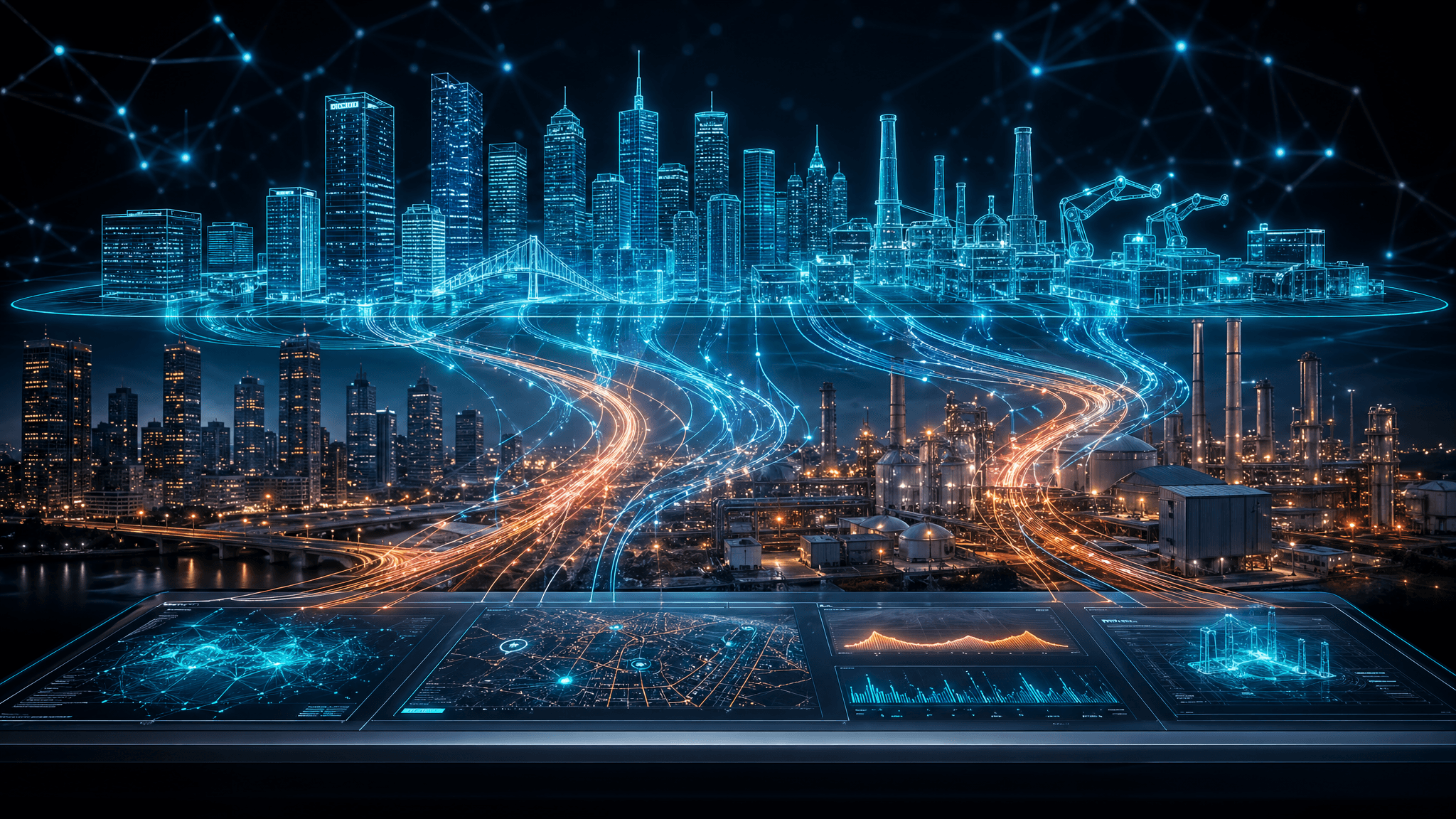 AI digital twins concept — glowing holographic wireframe replica of a smart city and factory with IoT data streams flowing between physical and virtual structures in vibrant teal, blue, coral, and gold colors