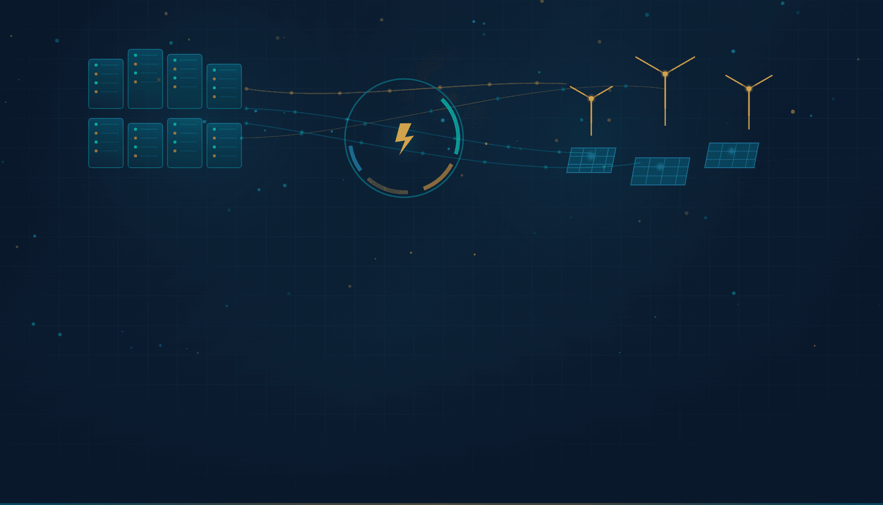 AI energy consumption concept — futuristic data center with glowing server racks connected to renewable energy sources through golden energy flow lines in teal blue coral and gold colors