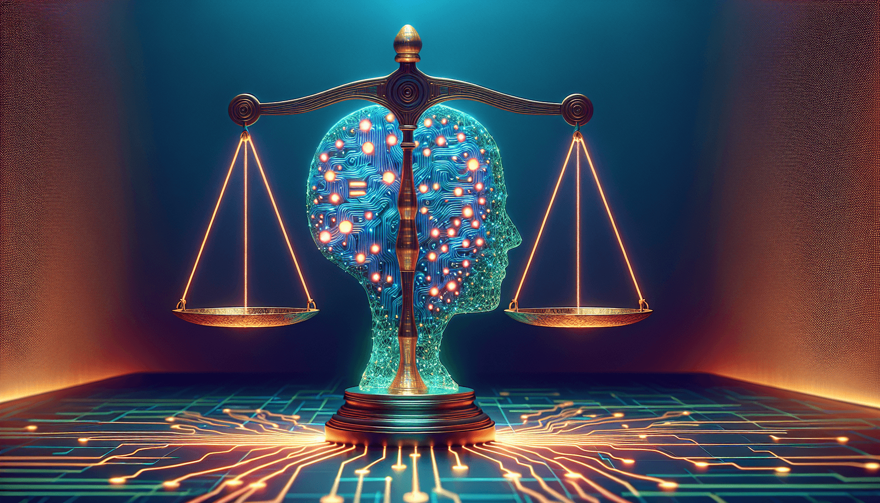 AI hallucinations and ethics — abstract illustration of scales of justice merged with a translucent circuit-board human profile representing AI accountability and responsible AI deployment