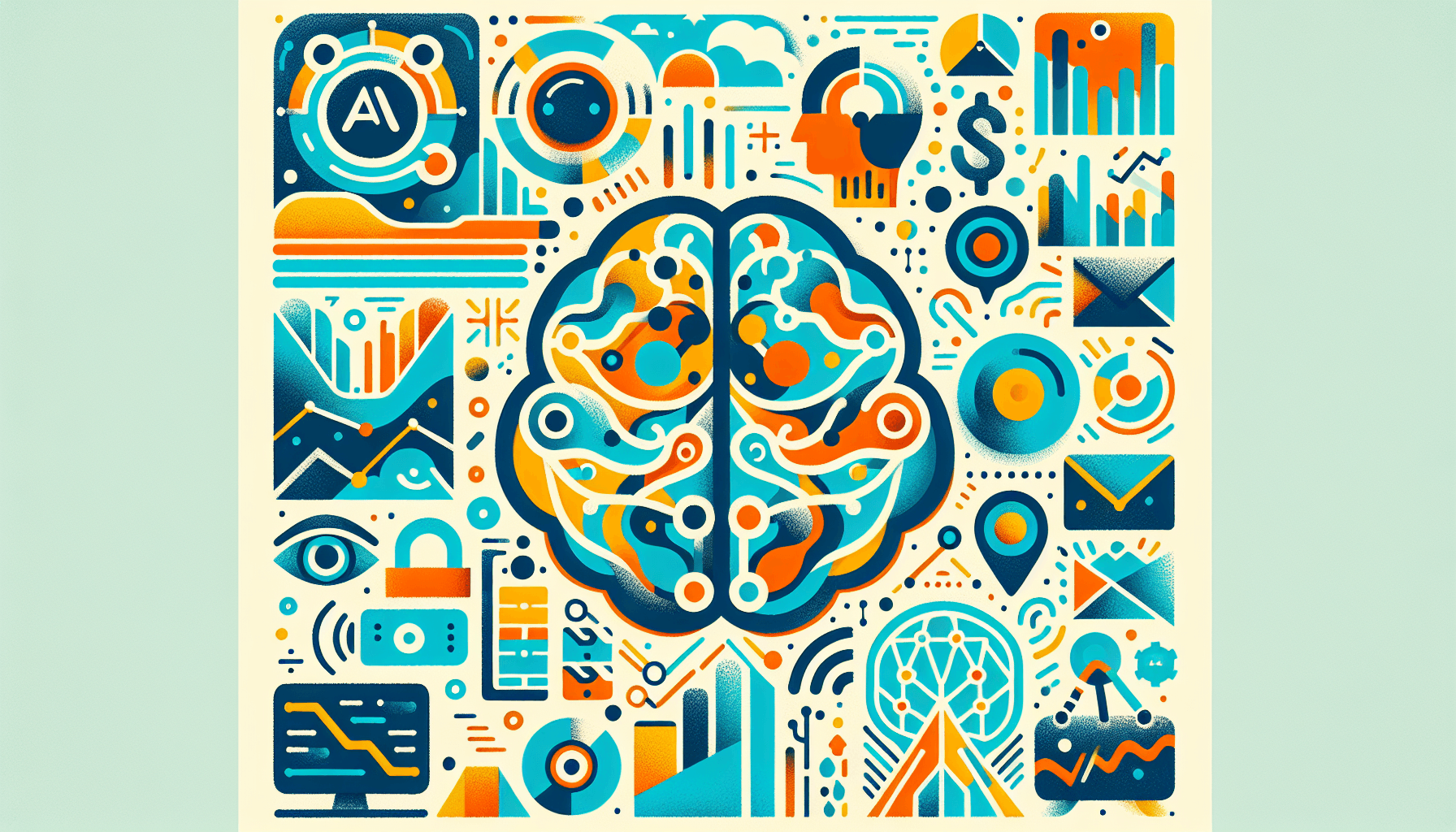 Abstract illustration of AI transforming financial services with data charts, neural networks, and digital transactions in vibrant teal, gold, coral and blue colors
