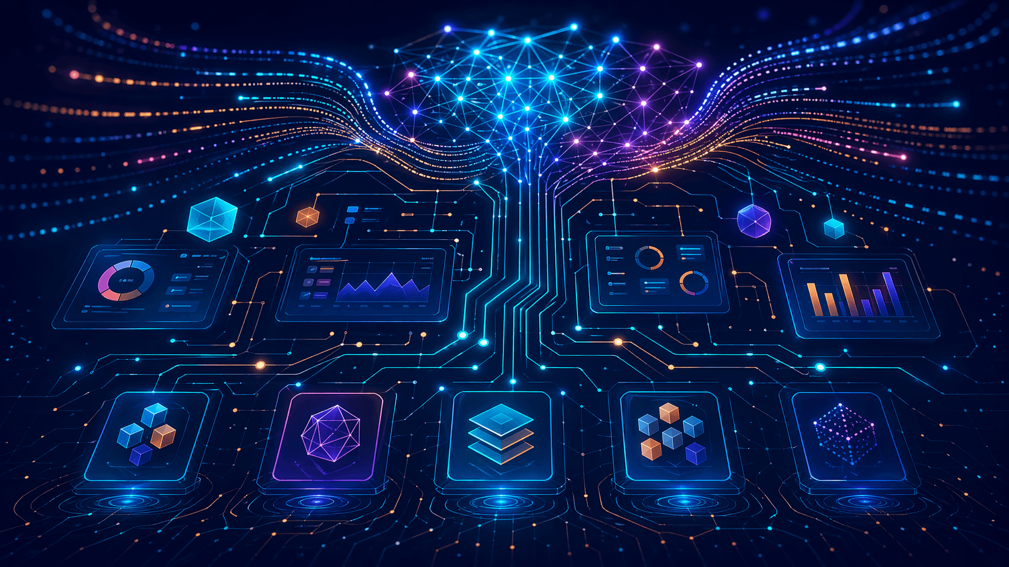 AI generated code concept — glowing neural network producing streams of software code flowing into business applications and dashboards in vibrant teal, blue, coral, and gold colors