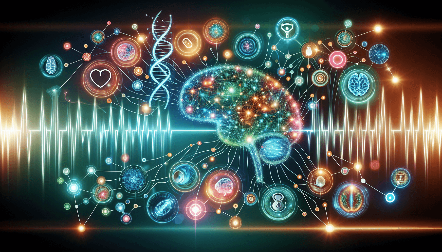 AI healthcare transformation illustration showing neural networks connecting medical symbols including a brain scan, DNA helix, and heartbeat monitor