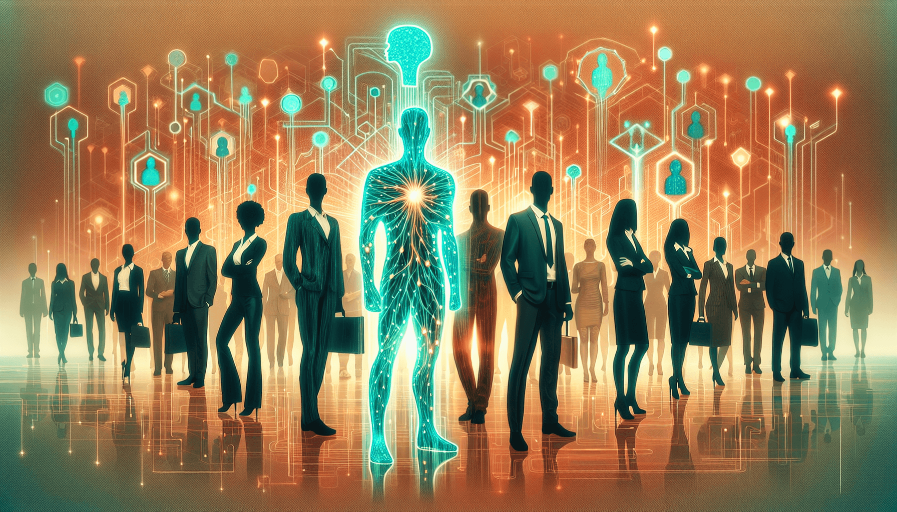 AI for human resources — glowing digital human figure surrounded by professional silhouettes representing AI-powered talent management and HR operations