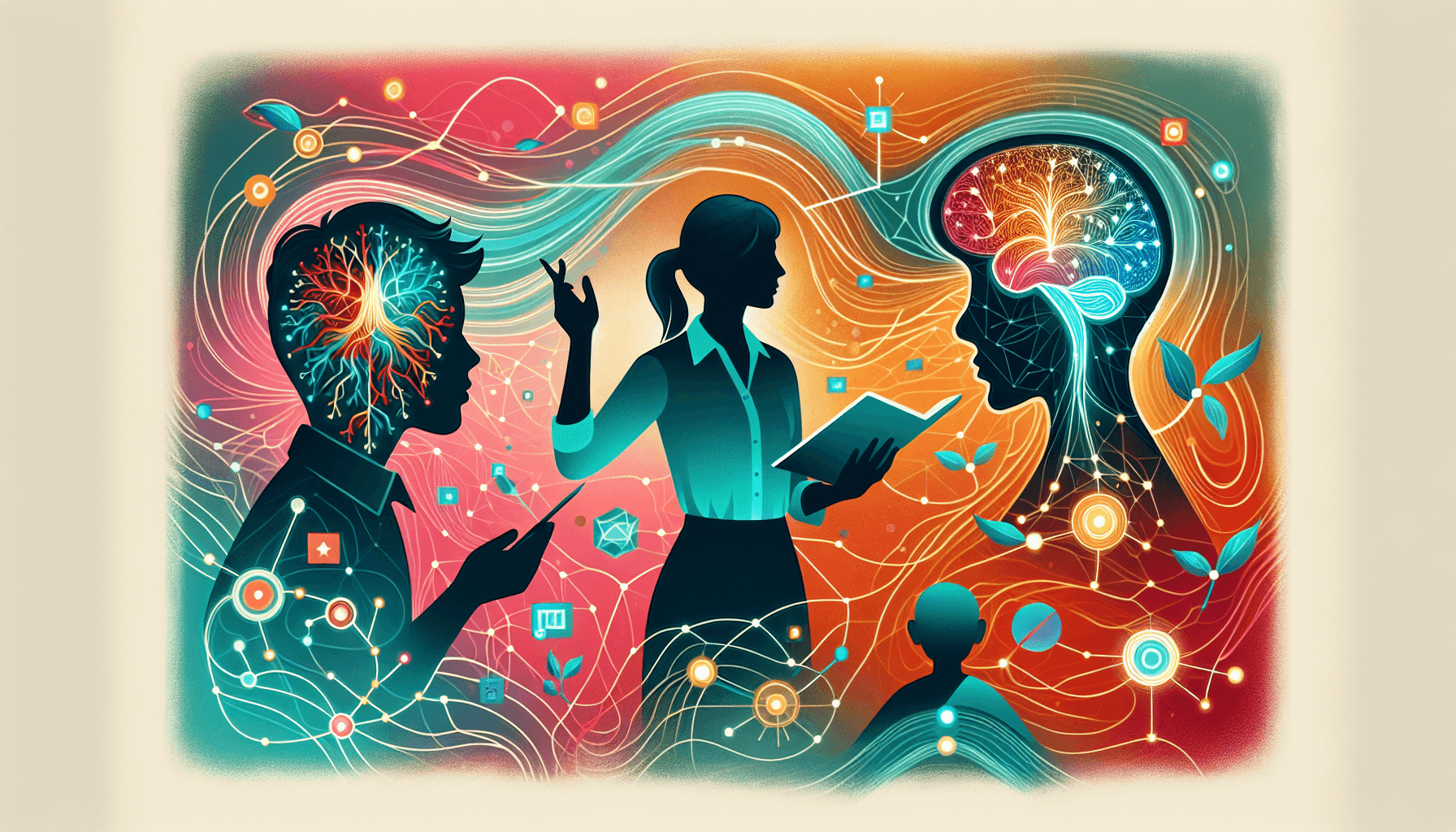 AI in education personalized learning — silhouettes of teacher and students collaborating with glowing neural network pathways and digital data streams in vibrant teal, coral, and gold colors