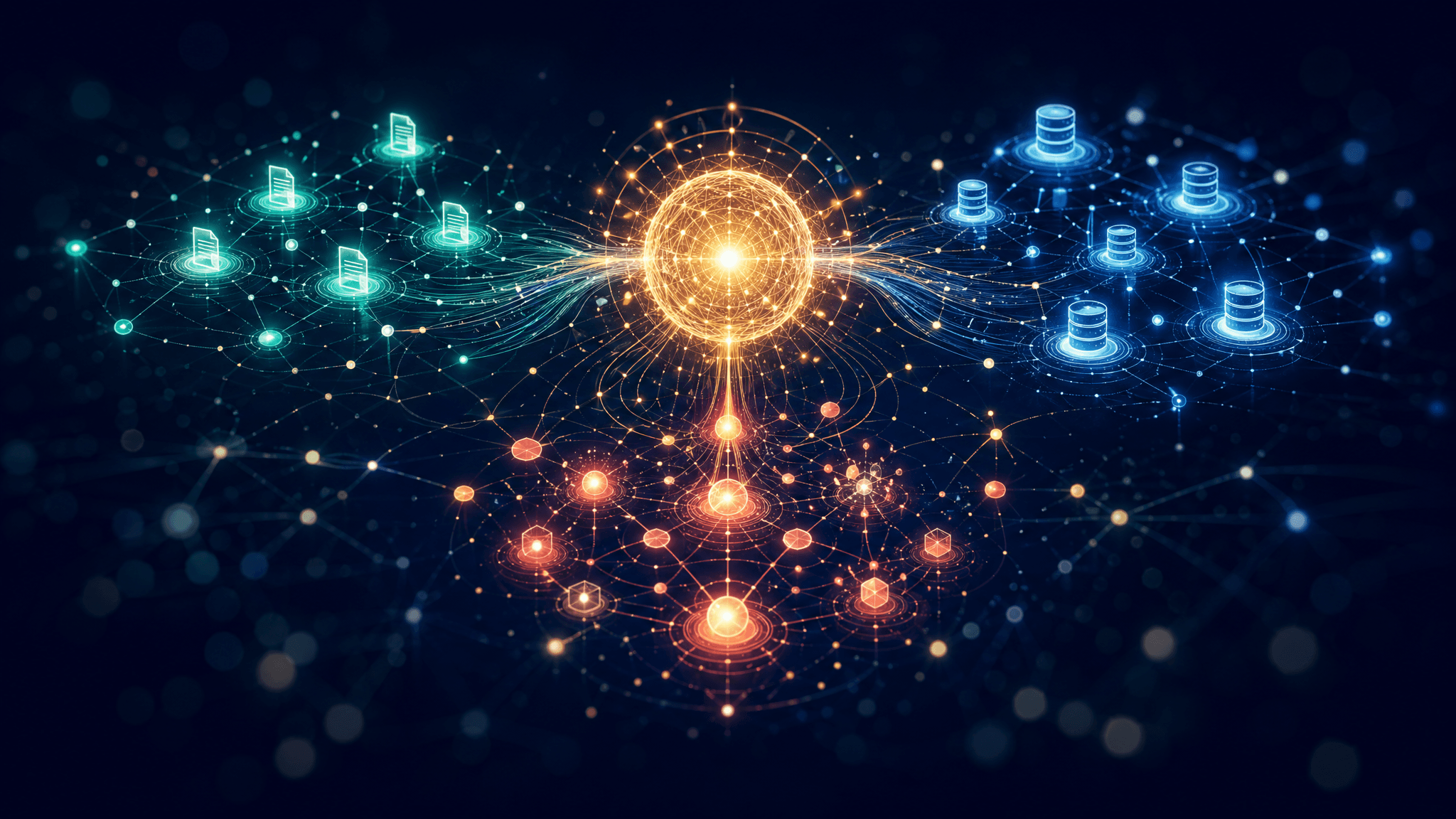 AI knowledge management concept — glowing interconnected network of data nodes and knowledge streams forming an organized constellation with vibrant teal, blue, coral, and gold colors