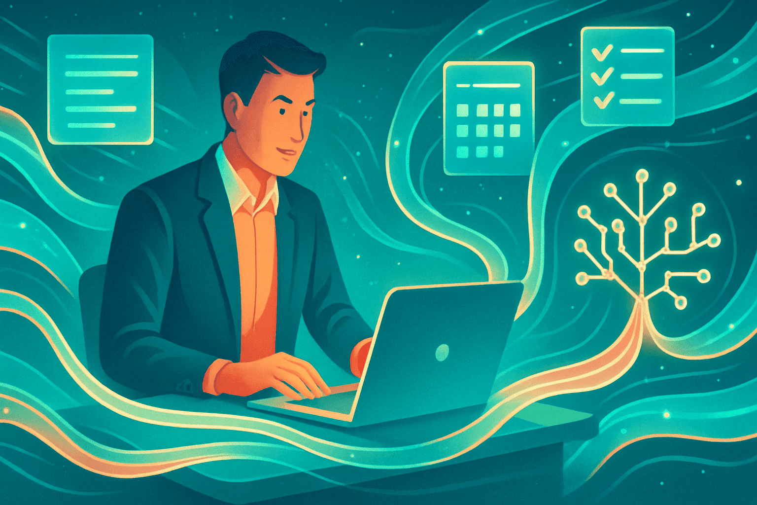 AI knowledge worker productivity — professional using AI-powered tools to manage documents, spreadsheets, and workflows surrounded by glowing teal and coral interface elements