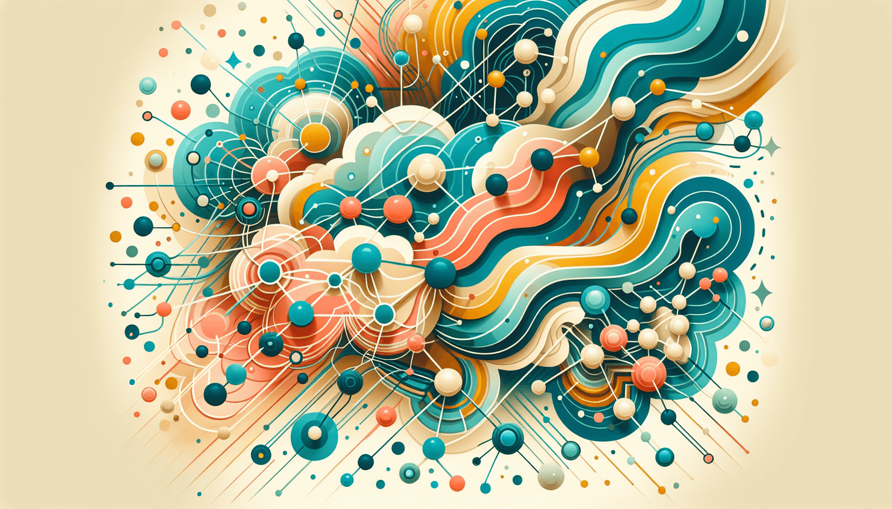 Abstract illustration of AI transforming legal work with scales of justice, legal documents, and neural networks in vibrant teal, gold, coral and blue colors