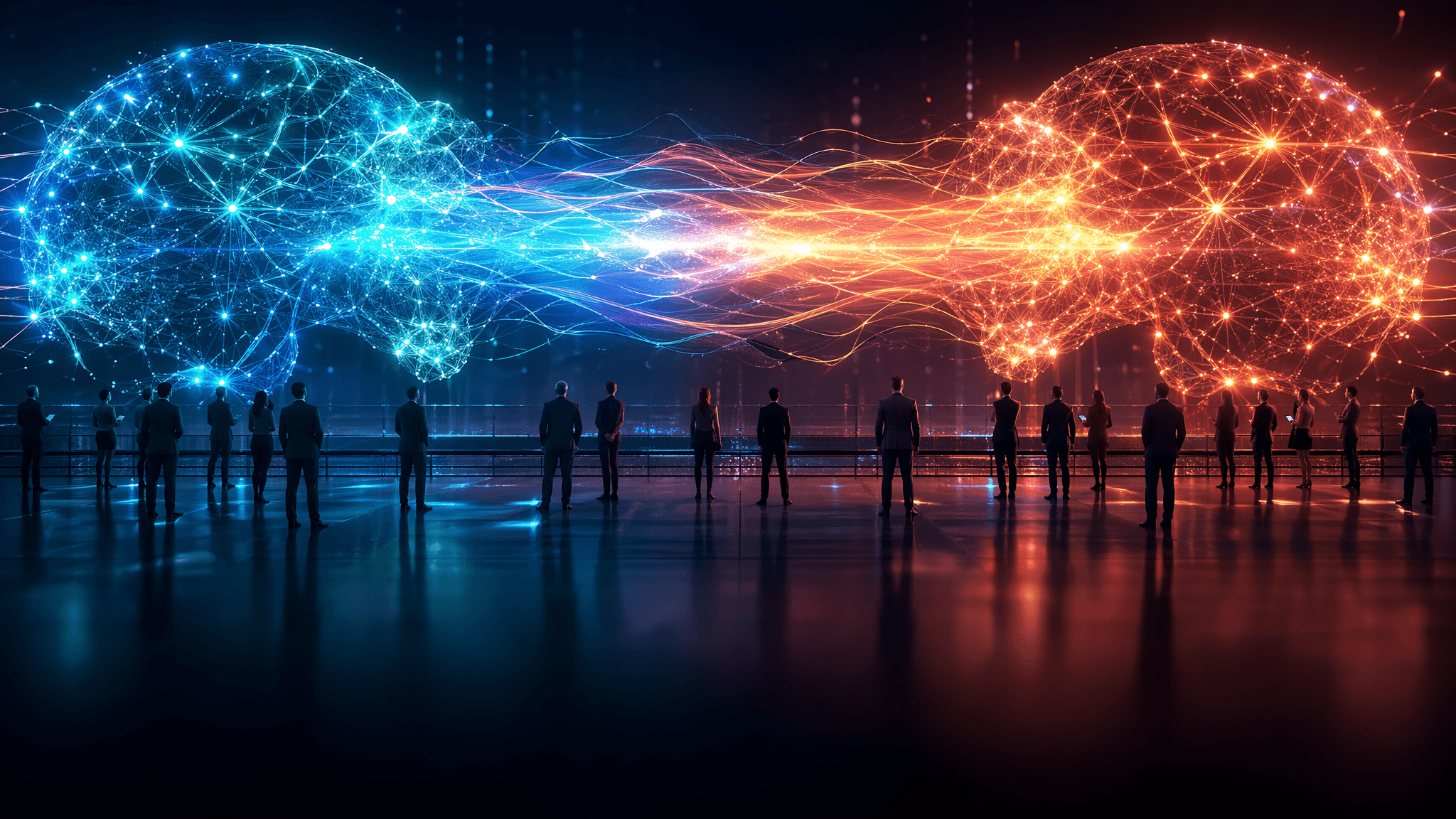 AI model race concept — two glowing neural network structures competing with streams of data flowing between them in vibrant teal, blue, coral, and gold colors
