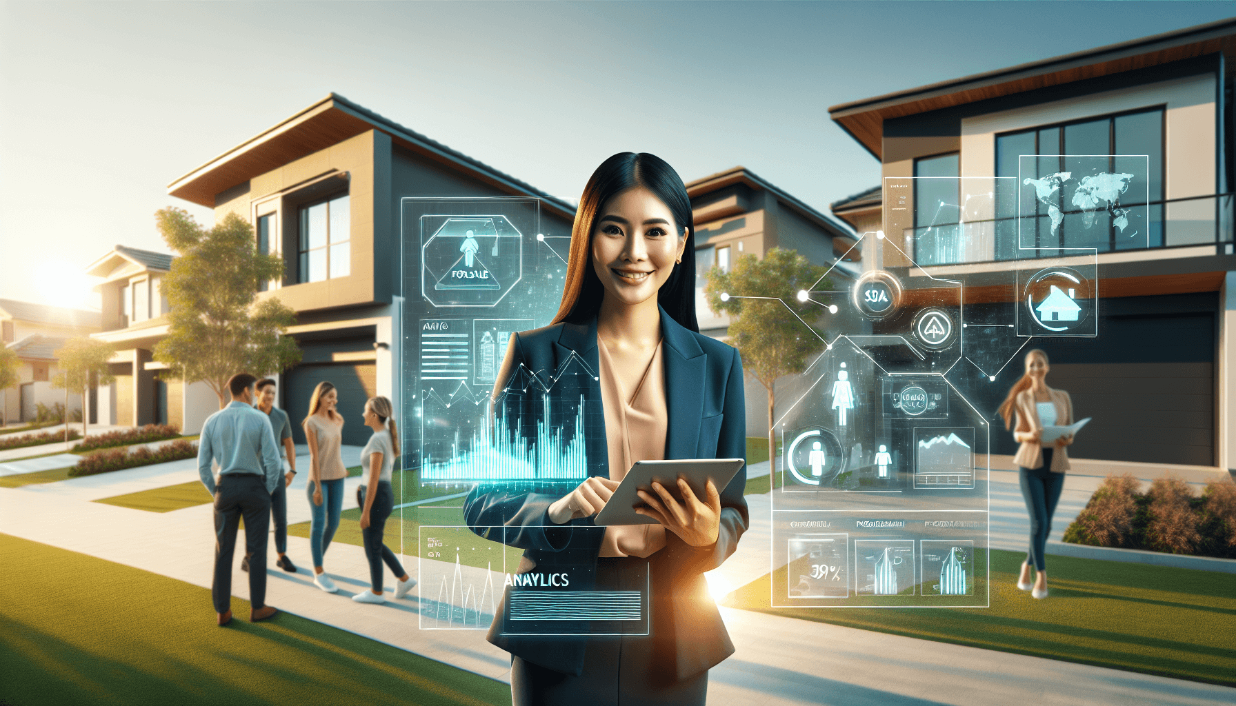 Abstract illustration of AI transforming real estate with modern homes, data networks, and smart city elements in vibrant teal, gold, coral and blue colors