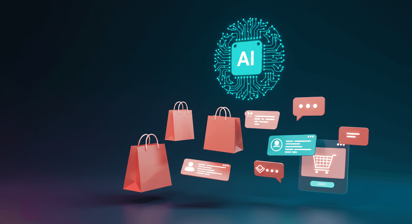 AI shopping agents concept — glowing AI chip with neural network patterns surrounded by floating shopping bags product cards and e-commerce interface elements in teal blue coral and gold colors