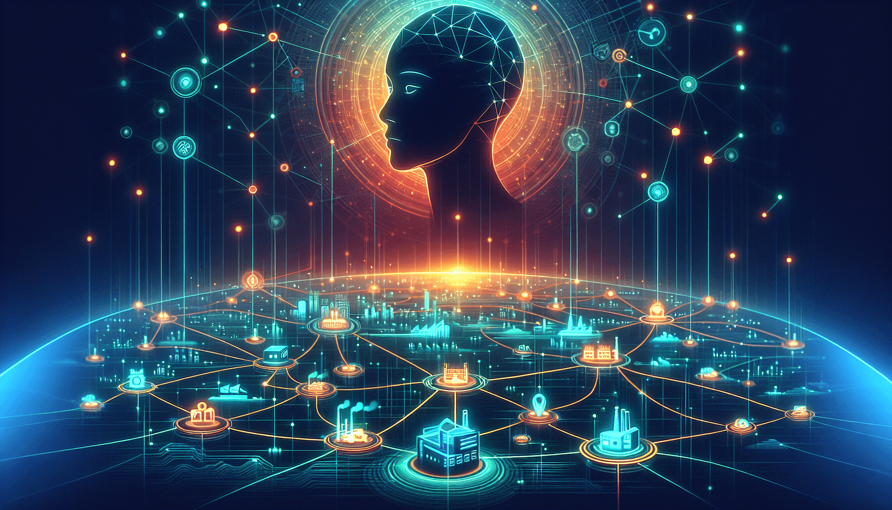AI supply chain management — abstract illustration of a global network of interconnected nodes representing factories, warehouses, and distribution centers connected by glowing data streams with a human figure overseeing the network from above