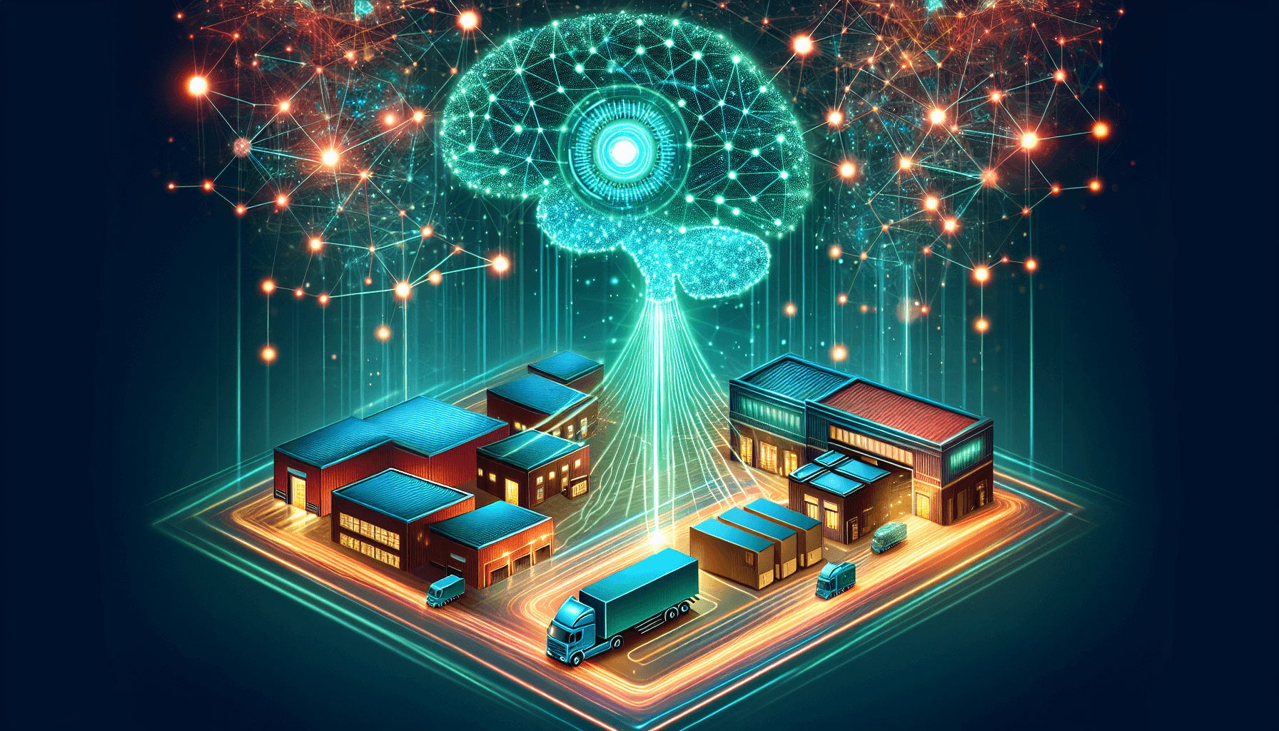 AI supply chain optimization — glowing neural network brain above interconnected warehouses and delivery trucks representing AI-powered logistics and supply chain management