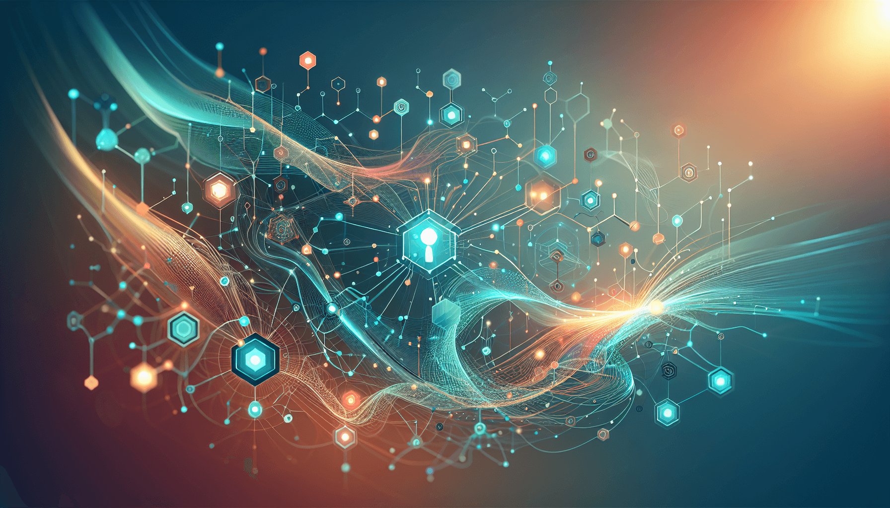 AI vendor strategy concept — interconnected glowing network nodes representing multiple AI vendor partnerships with flowing energy connections in vibrant teal, blue, coral, and gold colors