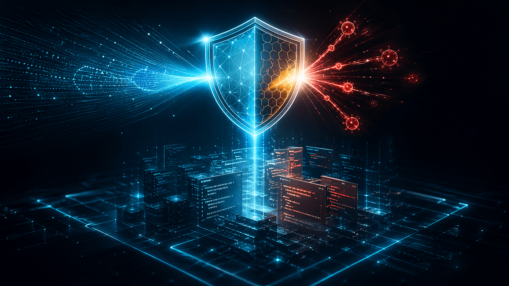 AI vulnerability discovery — glowing digital shield with neural network patterns scanning and protecting software code against cybersecurity threats in vibrant teal, blue, coral, and gold colors