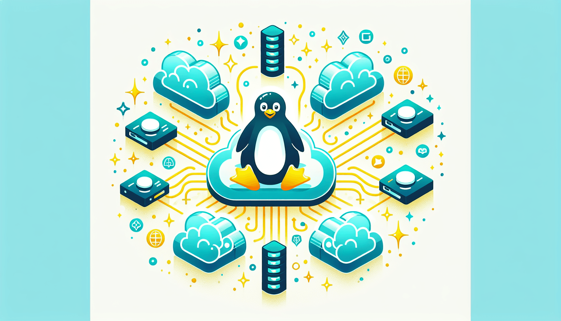 Illustration of a cloud Linux desktop setup with connected AI agent nodes