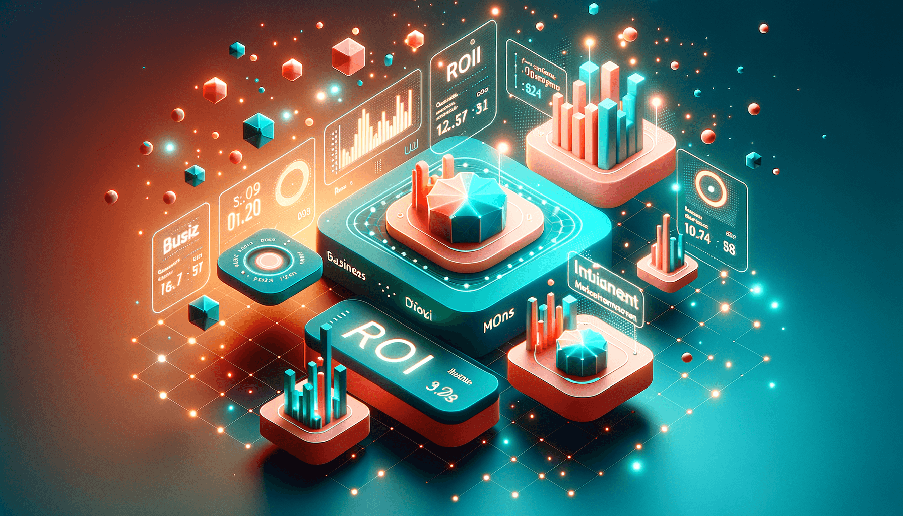 Measuring AI ROI — 3D visualization of coral and teal geometric analytics dashboards, glowing data points, and ROI metrics floating in space representing business AI return on investment measurement