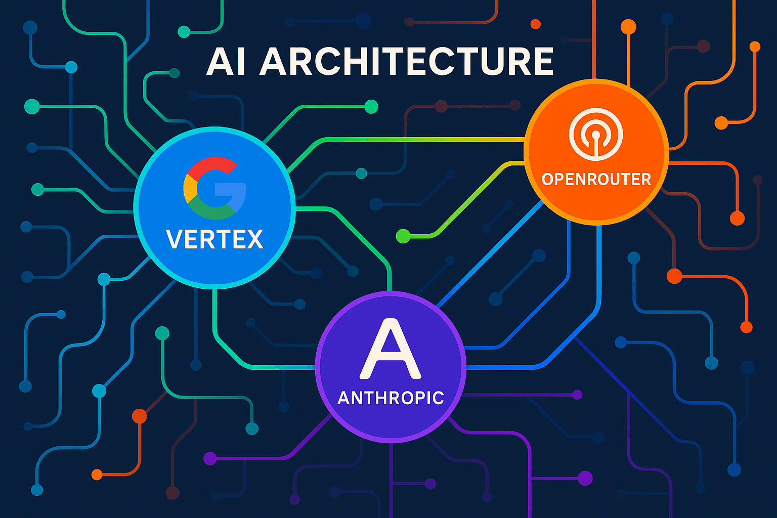Bright vibrant multi-provider AI architecture concept with colorful network diagram showing Google Vertex, OpenRouter, and Anthropic