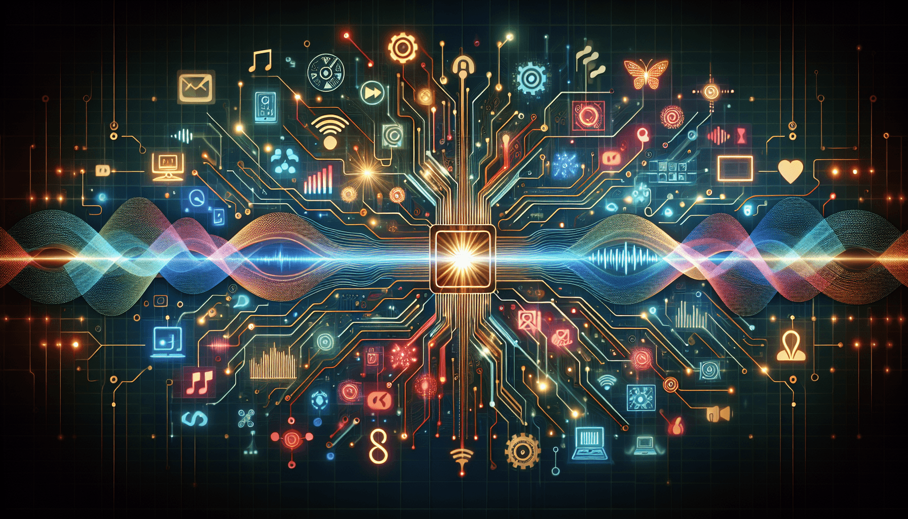 Multimodal AI for business — abstract illustration of glowing data streams representing vision, audio, and text flowing into a central AI processor in vibrant teal, coral, and gold colors