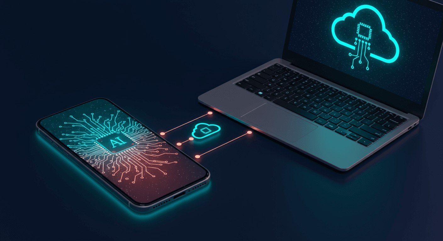 On-device AI concept — glowing smartphone and laptop with neural network circuit patterns and AI chip connected by luminous data streams to a cloud symbol in teal blue coral and gold colors