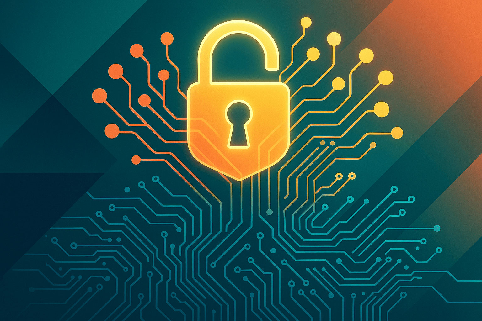 Open source AI for business — abstract illustration of a glowing open padlock merging with neural network nodes and circuit board patterns in vibrant teal, coral, and gold colors