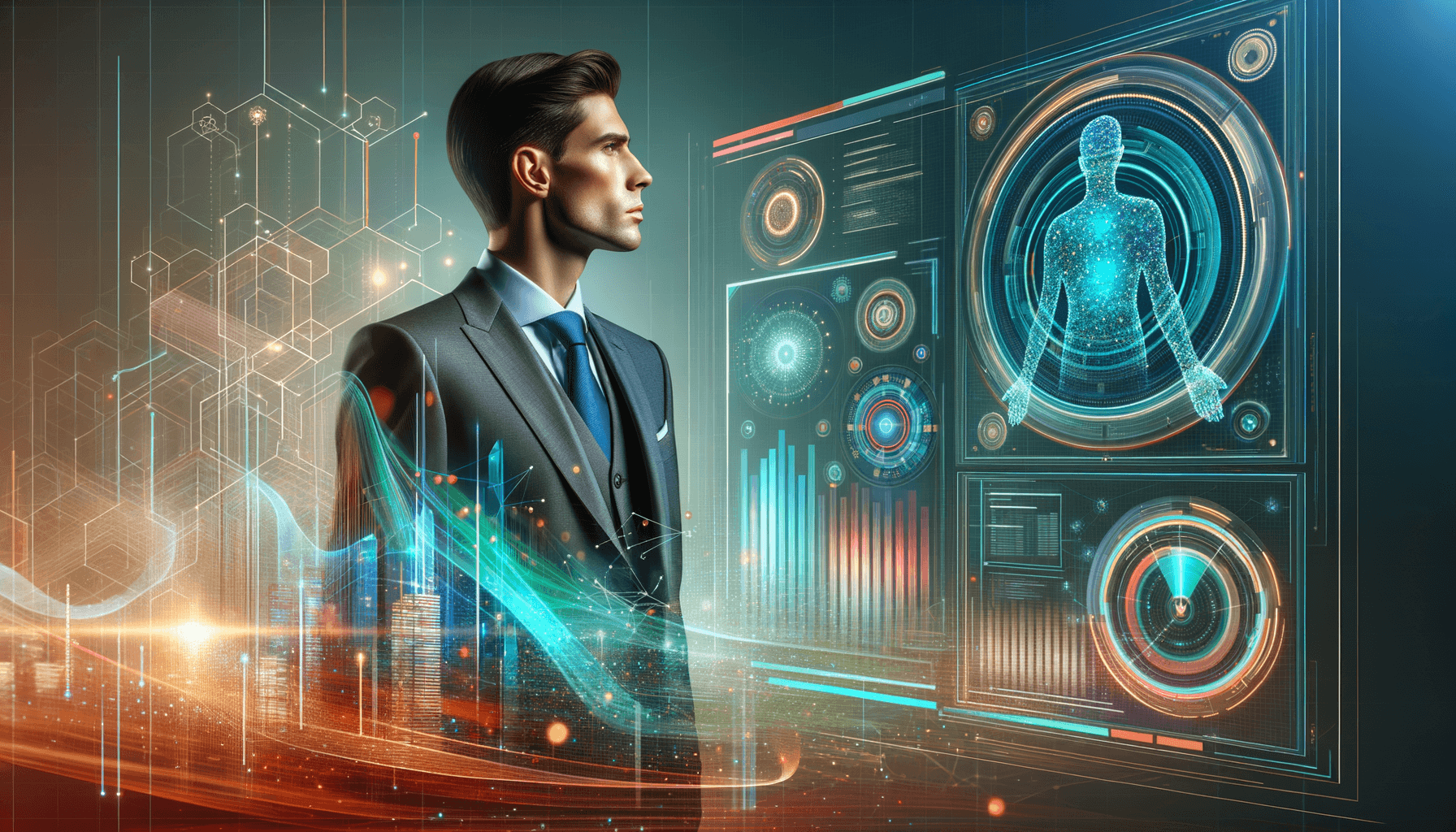 Vibe coding with AI — business professional examining glowing AI-powered code interfaces in vibrant teal, coral, and gold colors representing non-developer software creation